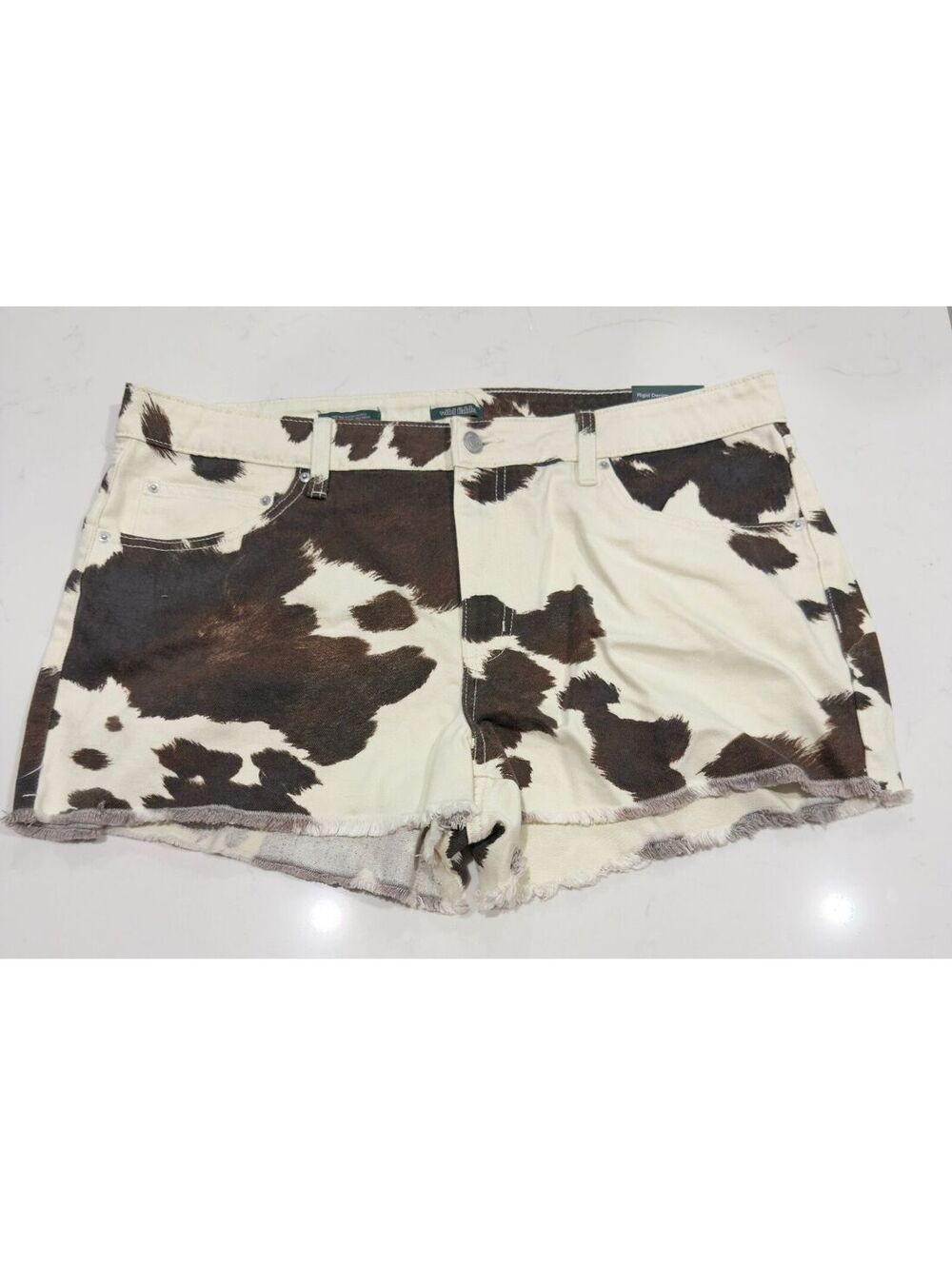 Wild Fable Brown Cream Cow Print Rigid Frayed Raw Denim Cutoff Shorts Size 16